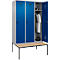 Vestiaire C+P Evolo Plus, 3 compartiments, largeur des compartiments 400 mm, avec banc encastré, L 1200 x P 815 x H 2120 mm, loquet rotatif, blanc aluminium/bleu gentiane