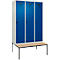 Vestiaire C+P Evolo Plus, 3 compartiments, largeur des compartiments 400 mm, avec banc encastré, L 1200 x P 815 x H 2120 mm, verrou rotatif, gris clair/bleu gentiane