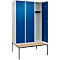 Vestiaire C+P Evolo Plus, 3 compartiments, largeur des compartiments 400 mm, avec banc encastré, L 1200 x P 815 x H 2120 mm, verrou rotatif, gris clair/bleu gentiane