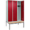 Vestiaire C+P Evolo Plus, 3 compartiments, largeur des compartiments 400 mm, avec banquette encastrée, L 1200 x P 815 x H 2120 mm, verrou rotatif, gris clair/rouge rubis