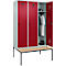 Vestiaire C+P Evolo Plus, 3 compartiments, largeur des compartiments 400 mm, avec banquette encastrée, L 1200 x P 815 x H 2120 mm, verrou rotatif, gris clair/rouge rubis