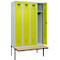 Vestiaire C+P Evolo Plus, 4 compartiments de 300 mm de large, banquette flottante, L 1200 x P 815 x H 2120 mm, cylindre, gris clair/vert clown