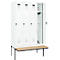 Vestiaire C+P Evolo Plus, 4 compartiments de 300 mm de large, banquette flottante, L 1200 x P 815 x H 2120 mm, verrou rotatif, blanc signalisation/blanc trafic
