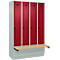 Vestiaire C+P Evolo Plus, 4 compartiments de 300 mm de large, socle, banquette flottante, L 1200 x P 815 x H 1950 mm, loquet rotatif, gris clair/rouge rubis