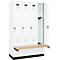 Vestiaire C+P Evolo Plus, 4 compartiments de 300 mm de large, socle, banquette flottante, L 1200 x P 815 x H 1950 mm, verrou rotatif, blanc signalisation/blanc trafic