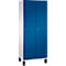 Une armoire blanche avec des portes bleues. L'armoire repose sur des pieds noirs.
