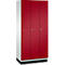 Une armoire à trois portes rouges et panneaux latéraux blancs.