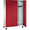 Une armoire blanche et rouge avec deux portes fermées et une ouverte. À l'intérieur, des cintres et une étagère.