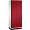 Armoire à quatre portes rouges et poignées argentées.