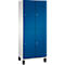 Armoire avec portes bleues et côtés blancs, posée sur des pieds noirs.