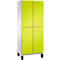 Armoire avec portes jaunes, corps blanc et pieds noirs. Chaque porte a une petite serrure.