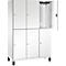 Armoire blanche avec porte ouverte, cintres, six compartiments, pieds noirs.