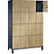 Une armoire en bois avec 15 compartiments, dont un ouvert. Portes brun clair avec de petites poignées et un cadre anthracite.