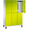 Armoire jaune et blanche avec six portes. Une porte est ouverte et montre des crochets. L'armoire repose sur des pieds noirs.