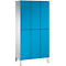 Un placard bleu avec six compartiments. Les portes sont bleu clair, le cadre blanc. Chaque porte a une poignée argentée.