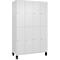 Armoire blanche avec huit portes, toutes avec de petites poignées en métal. L'armoire repose sur quatre pieds noirs.