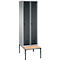 Vestiaire Evolo S 3000, acier, avec banc intégré, 2 compartiments, l. 300 mm chacun, serrure de sécurité à came batteuse, alu blanc RAL 9006/anthracite RAL 7016