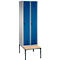 Vestiaire Evolo S 3000, acier, avec banc intégré, 2 compartiments, l. 300 mm chacun, serrure de sécurité à came batteuse, alu blanc RAL 9006/bleu gentiane RAL 5010