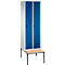 Vestiaire Evolo S 3000, acier, avec banc intégré, 2 compartiments, l. 300 mm chacun, serrure de sécurité à came batteuse, gris clair RAL 7035/bleu gentiane RAL 5010