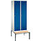 Vestiaire Evolo S 3000, acier, avec banc intégré, 2 compartiments, l. 400 mm chacun, serrure à cylindre, gris clair RAL 7035/bleu gentiane RAL 5010