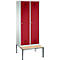 Vestiaire Evolo S 3000, acier, avec banc intégré, 2 compartiments, l. 400 mm chacun, serrure à cylindre, gris clair RAL 7035/rouge rubis RAL 3003