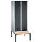 Vestiaire Evolo S 3000, acier, avec banc intégré, 2 compartiments, l. 400 mm chacun, serrure de sécurité à came batteuse, alu blanc RAL 9006/anthracite RAL 7016