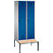 Vestiaire Evolo S 3000, acier, avec banc intégré, 2 compartiments, l. 400 mm chacun, serrure de sécurité à came batteuse, alu blanc RAL 9006/bleu gentiane RAL 5010