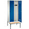 Vestiaire Evolo S 3000, acier, avec banc intégré, 2 compartiments, l. 400 mm chacun, serrure de sécurité à came batteuse, gris clair RAL 7035/bleu gentiane RAL 5010