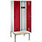 Vestiaire Evolo S 3000, acier, avec banc intégré, 2 compartiments, l. 400 mm chacun, serrure de sécurité à came batteuse, gris clair RAL 7035/rouge rubis RAL 3003