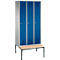 Vestiaire Evolo S 3000, acier, avec banc intégré, 3 compartiments, l. 300 mm chacun, serrure à cylindre, alu blanc RAL 9006/bleu gentiane RAL 5010