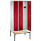 Vestiaire Evolo S 3000, acier, avec banc intégré, 3 compartiments, l. 300 mm chacun, serrure à cylindre, gris clair RAL 7035/rouge rubis RAL 3003