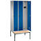Vestiaire Evolo S 3000, acier, avec banc intégré, 3 compartiments, l. 300 mm chacun, serrure de sécurité à came batteuse, alu blanc RAL 9006/bleu gentiane RAL 5010