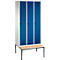 Vestiaire Evolo S 3000, acier, avec banc intégré, 3 compartiments, l. 300 mm chacun, serrure de sécurité à came batteuse, gris clair RAL 7035/bleu gentiane RAL 5010