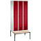 Vestiaire Evolo S 3000, acier, avec banc intégré, 3 compartiments, l. 300 mm chacun, serrure de sécurité à came batteuse, gris clair RAL 7035/rouge rubis RAL 3003