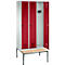 Vestiaire Evolo S 3000, acier, avec banc intégré, 3 compartiments, l. 300 mm chacun, serrure de sécurité à came batteuse, gris clair RAL 7035/rouge rubis RAL 3003