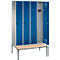 Vestiaire Evolo S 3000, acier, avec banc intégré, 4 compartiments, l. 300 mm chacun, serrure de sécurité à came batteuse, alu blanc RAL 9006/bleu gentiane RAL 5010