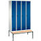 Vestiaire Evolo S 3000, acier, avec banc intégré, 4 compartiments, l. 300 mm chacun, serrure de sécurité à came batteuse, gris clair RAL 7035/bleu gentiane RAL 5010