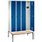 Vestiaire Evolo S 3000, acier, avec banc intégré, 4 compartiments, l. 300 mm chacun, serrure de sécurité à came batteuse, gris clair RAL 7035/bleu gentiane RAL 5010