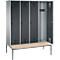 Vestiaire Evolo S 3000, acier, banc, 4 compartiments, l. 400 mm chacun, came batteuse, alu blanc RAL 9006/anthracite RAL 7016