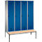 Vestiaire Evolo S 3000, acier, banc, 4 compartiments, l. 400 mm chacun, came batteuse, alu blanc RAL 9006/bleu gentiane RAL 5010