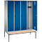 Vestiaire Evolo S 3000, acier, banc, 4 compartiments, l. 400 mm chacun, came batteuse, alu blanc RAL 9006/bleu gentiane RAL 5010