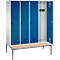Vestiaire Evolo S 3000, acier, banc, 4 compartiments, l. 400 mm chacun, came batteuse, gris clair RAL 7035/bleu gentiane RAL 5010