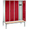 Vestiaire Evolo S 3000, acier, banc, 4 compartiments, l. 400 mm chacun, came batteuse, gris clair RAL 7035/rouge rubis RAL 3003
