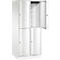 Casier blanc avec porte ouverte. Cintres en haut, plusieurs compartiments avec portes arrondies en dessous.