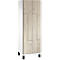 Armoire avec imitation bois clair, accents noirs et poignées métalliques.