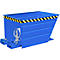 Blue tipping skip with yellow and black warning tape. Hooks with wire rope on the side. Tipping skip is slightly inclined.