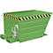 Green bin with black and yellow warning tape, ribbed sides, bracket with chain.