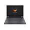 Schwarzer Laptop, Victus-Logo auf dem Bildschirm, Tastatur mit beleuchteten Tasten.