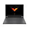 Ein schwarzer Laptop mit beleuchtetem Bildschirm, der das Logo "VICTUS" zeigt. Unterhalb des Bildschirms befindet sich eine Tastatur und ein Touchpad.
