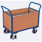Vierwandige trolley, staal/MDF-plaat, decor gentiaanblauw/beuken, L 850 x B 450 mm, verwijderbare langswanden, TPE-wielen met EasySTOP, tot 400 kg